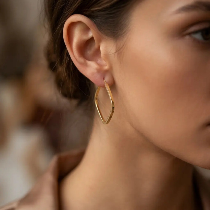 Pendientes de aro de oro amarillo de 18 quilates con diseño geométrico de rombo, 4 cm - 8,6 g 2