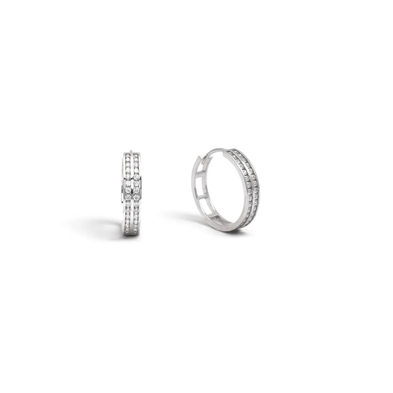 18kt White Gold Hoop Earrings with Double Strand of Zirconia, 2 cm - 3.1 g