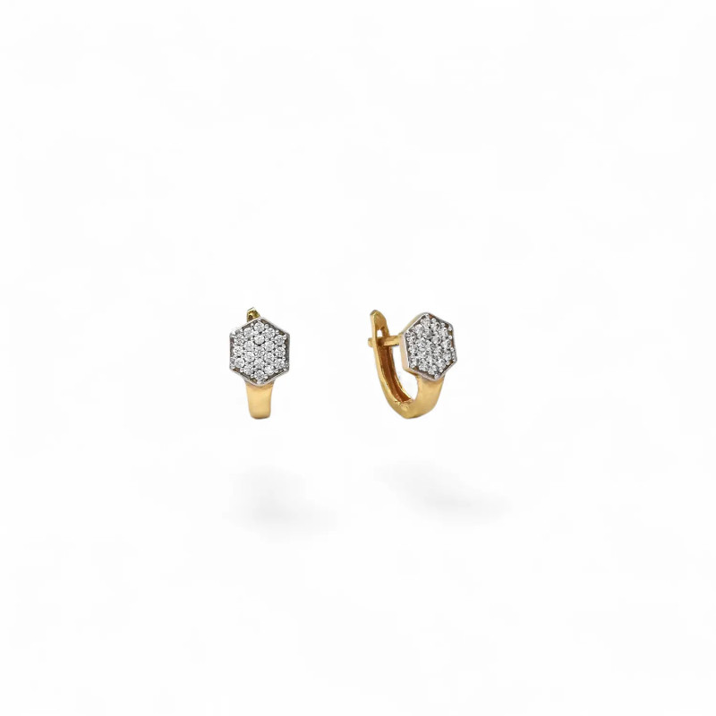 Pendientes de botón de oro amarillo de 18 quilates con circonitas hexagonales pavé de 1 cm - 2,1 g