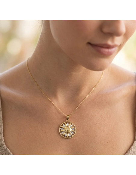 Ciondolo Sole che Ride Oro Bicolore 18kt con Zirconi 3 cm - 3,5 gr