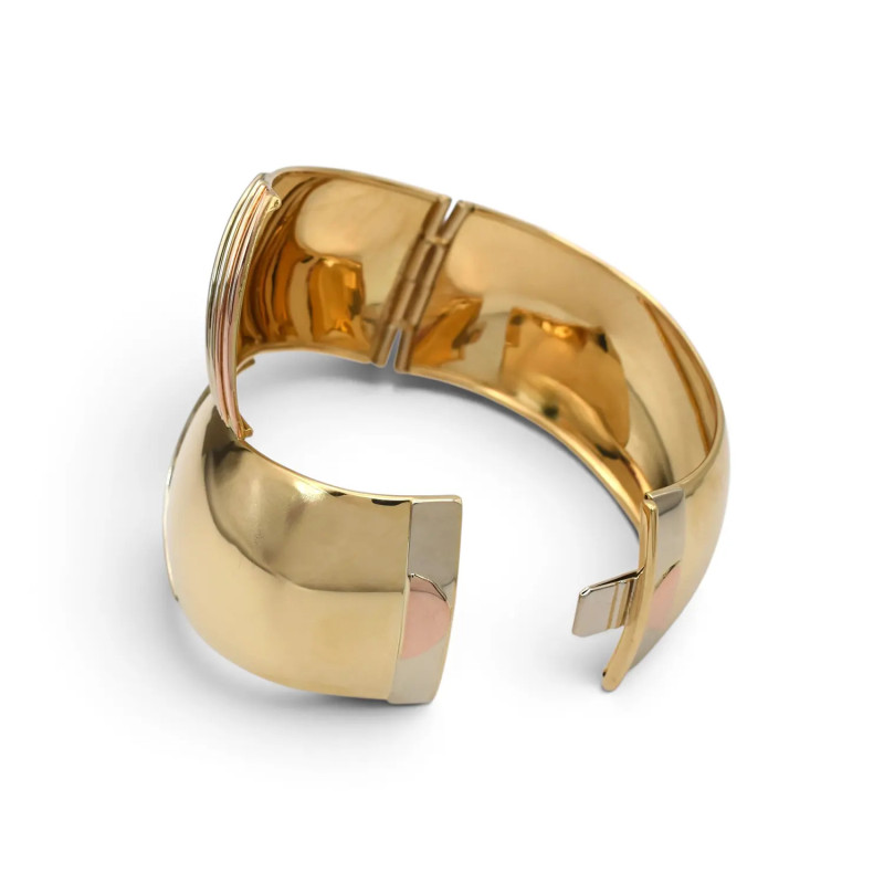 Bracciale Rigido Oro Giallo 18kt Contrarié Bombato con Finali Tricolore - 49 gr