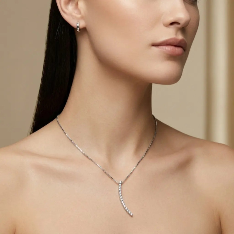 Collana Donna Oro Bianco 18kt Veneziana con Pendente ad Arco e Zirconi 45 cm - 4,5 gr