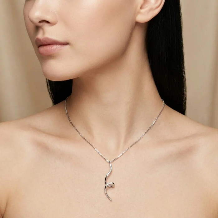 Collana Donna Oro Bianco 18kt Veneziana con Pendente a Ricciolo e Zirconi 43 cm - 3,3 gr 2