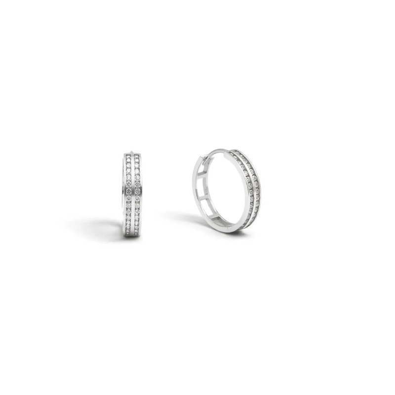 18kt White Gold Hoop Earrings with Double Strand of Zirconia, 2 cm - 3.1 g