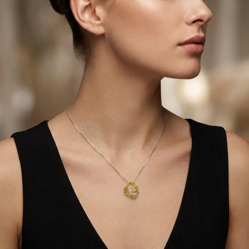 Collar de mujer de oro amarillo y blanco de 18 quilates con colgante de flor y rizo con circonita, 42 cm - 4,3 g
