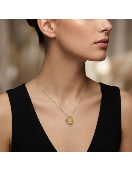 18kt Yellow and White Gold Women's Necklace with Flower and Curl Pendant with Zirconia 42 cm - 4.3 gr