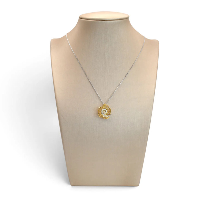 Collar de mujer de oro amarillo y blanco de 18 quilates con colgante de flor y rizo con circonita, 42 cm - 4,3 g