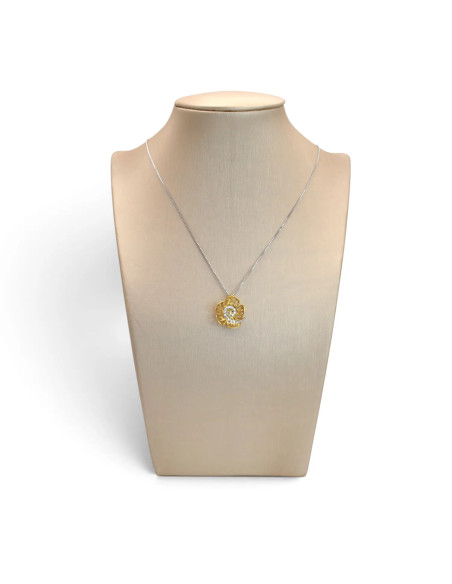 18kt Yellow and White Gold Women's Necklace with Flower and Curl Pendant with Zirconia 42 cm - 4.3 gr