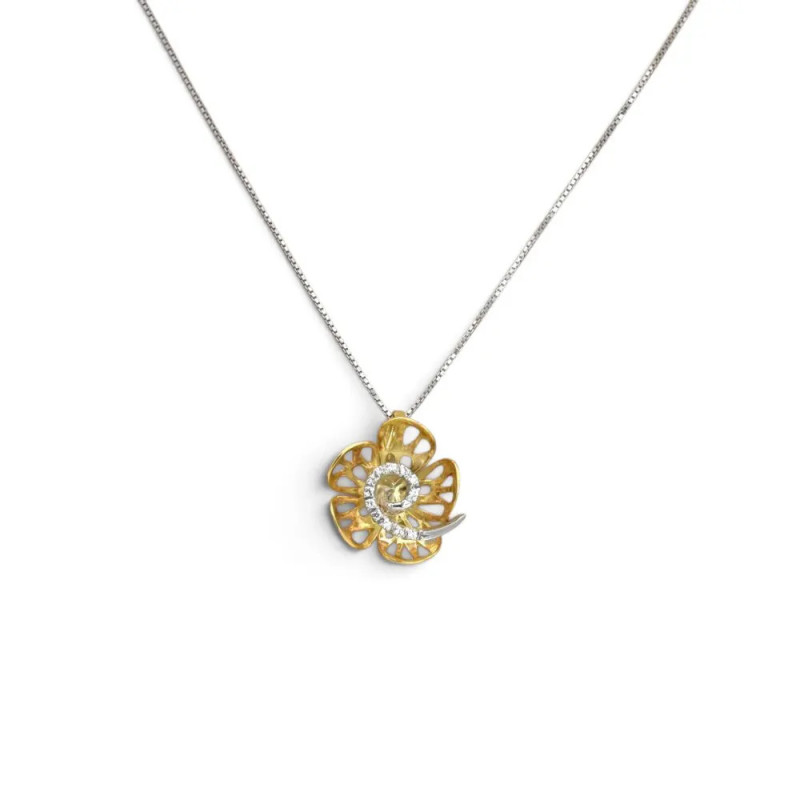 Collana Donna Oro Giallo e Bianco 18kt con Pendente Fiore e Ricciolo con Zirconi 42 cm - 4,3 gr
