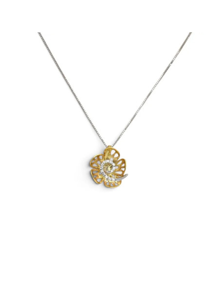 Collar de mujer de oro amarillo y blanco de 18 quilates con colgante de flor y rizo con circonita, 42 cm - 4,3 g