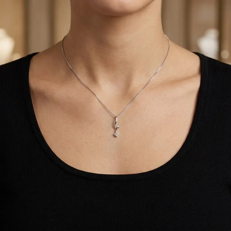 18kt White Gold Venetian Women's Necklace with Sinuous Pendant and Zirconia, 42 cm - 1.9 g