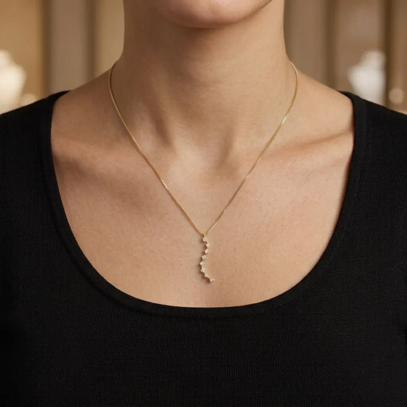 Venezianische Damenhalskette aus 18-karätigem Gelbgold mit geschwungenem Zirkonia-Anhänger, 43 cm – 2,4 g