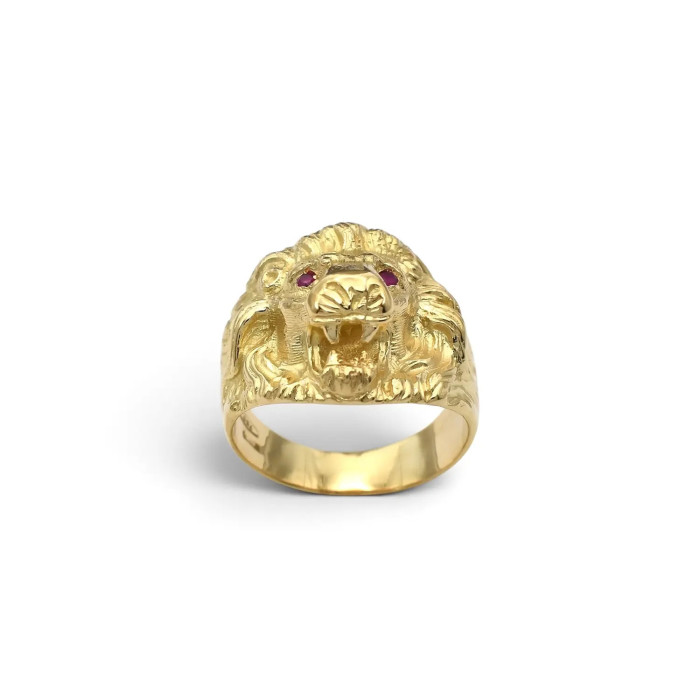 Anello Chevalier Uomo Oro Giallo 18kt Testa di Leone con Zirconi Rossi - 12,7 gr