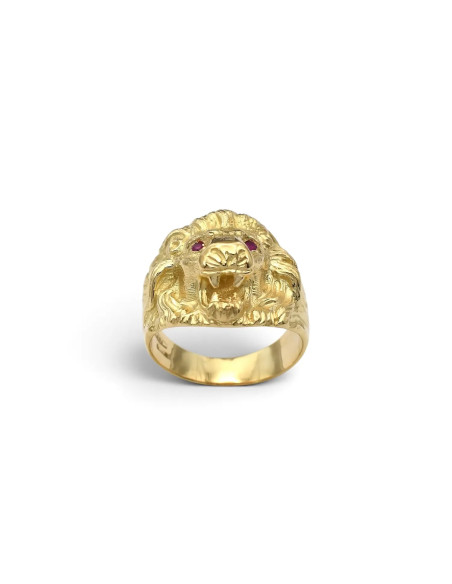 Anillo de sello para hombre de oro amarillo de 18 quilates con cabeza de león y circonitas rojas - 12,7 g