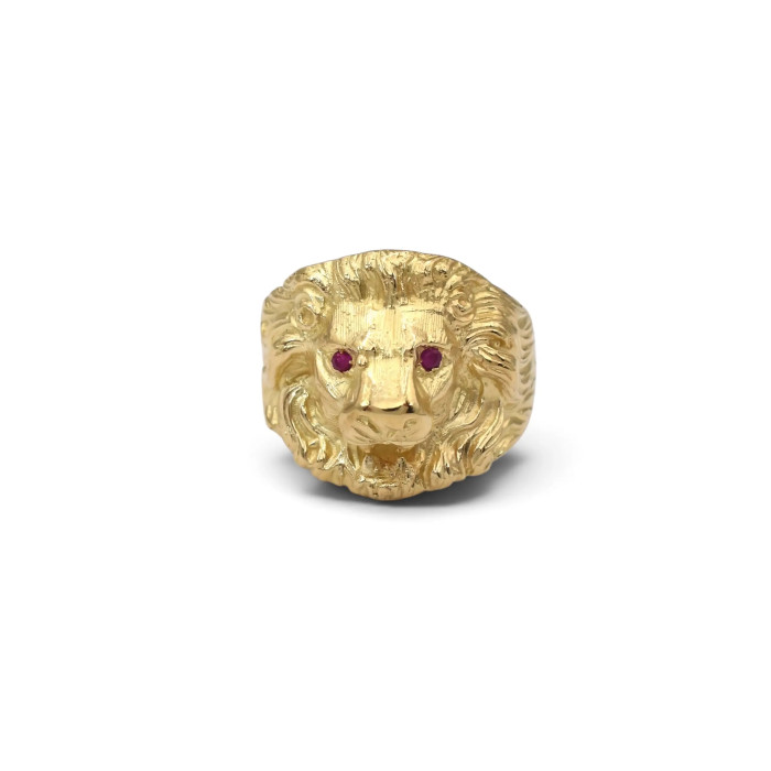 Men's 18kt Yellow Gold Lion Head Signet Ring with Red Zircons - 12.7g 2