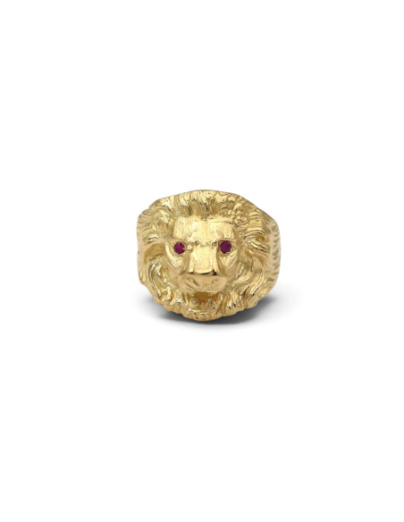 Anello Chevalier Uomo Oro Giallo 18kt Testa di Leone con Zirconi Rossi - 12,7 gr