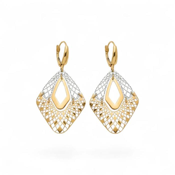 Diamantförmige Ohrhänger aus 18-karätigem Weiß- und Gelbgold, 5 cm – 3,3 g