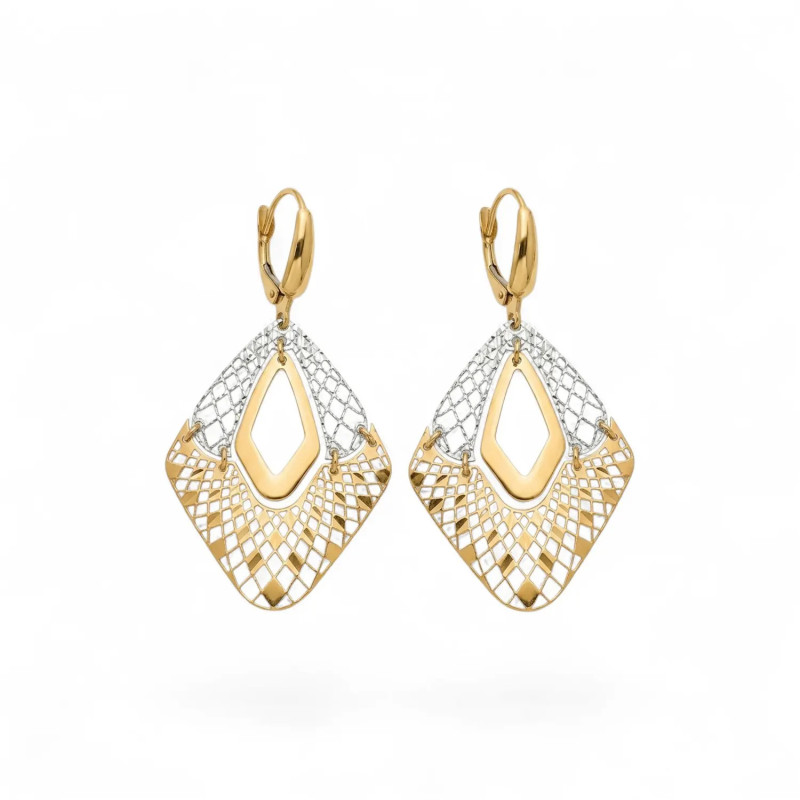 Orecchini Pendenti Oro Bianco e Giallo 18kt Traforati a Rombo 5 cm - 3,3 gr