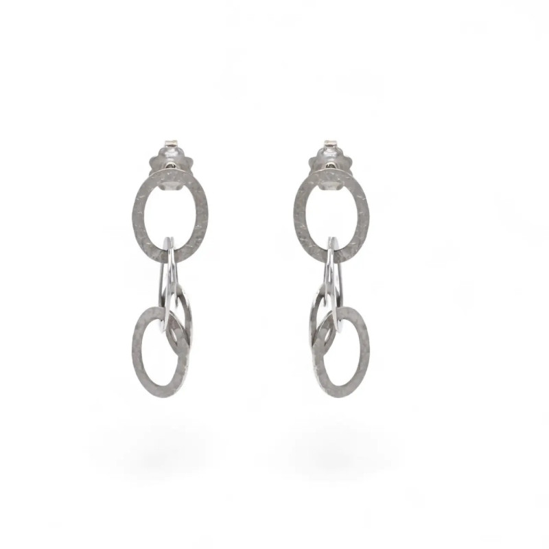 Orecchini Pendenti Oro Bianco 18kt ad Anelli Ovali Effetto Battuto 5,5gr. -3 cm