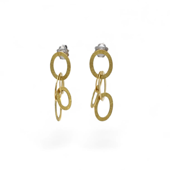 Orecchini Pendenti Oro Giallo 18kt ad Anelli Ovali Effetto Battuto 3 cm - 5,8 gr