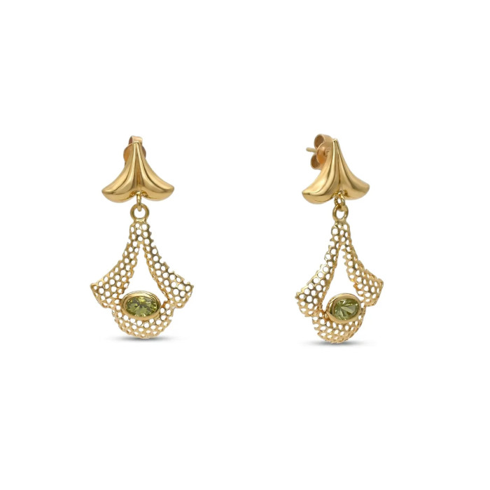 Orecchini Pendenti Oro Giallo 18kt Traforati con Zircone Verde Ovale 3,5 cm - 4,6 gr