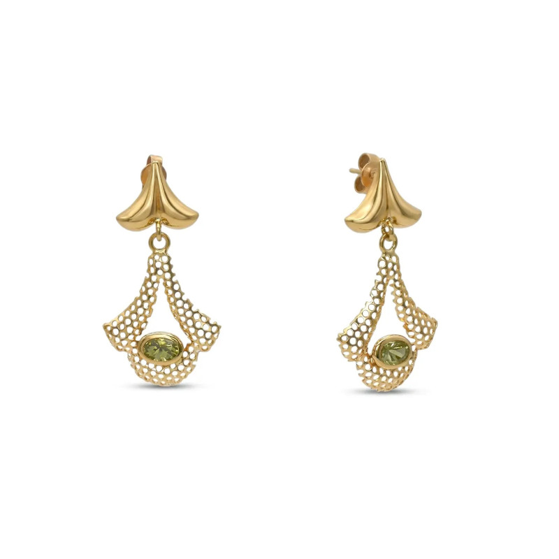 Orecchini Pendenti Oro Giallo 18kt Traforati con Zircone Verde Ovale 3,5 cm - 4,6 gr