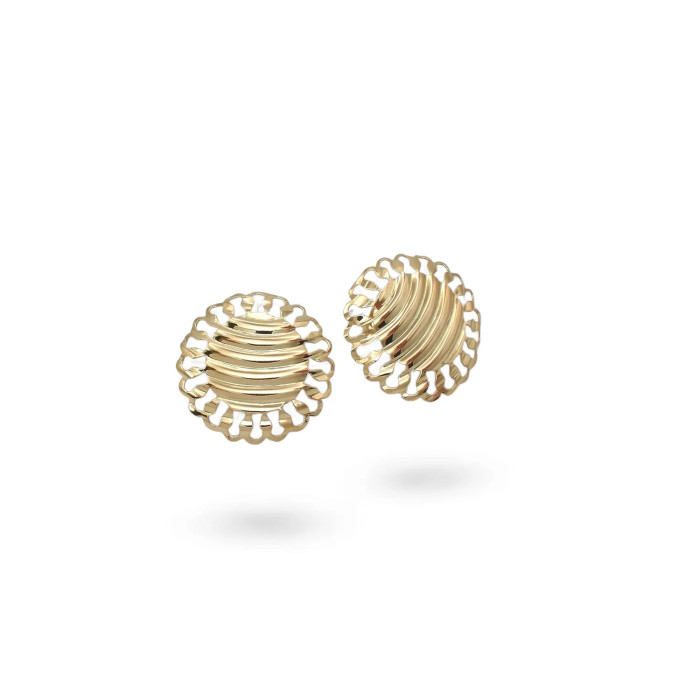 Orecchini a Lobo Oro Giallo 18kt Bottone Scanalato con Cornice Traforata 2 cm - 3,6 gr