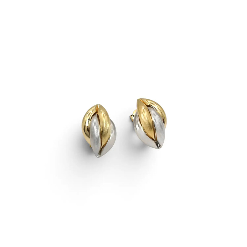 Orecchini a Lobo Oro Giallo e Bianco 18kt Foglia Bicolore Satinata 2 cm - 3,9 gr