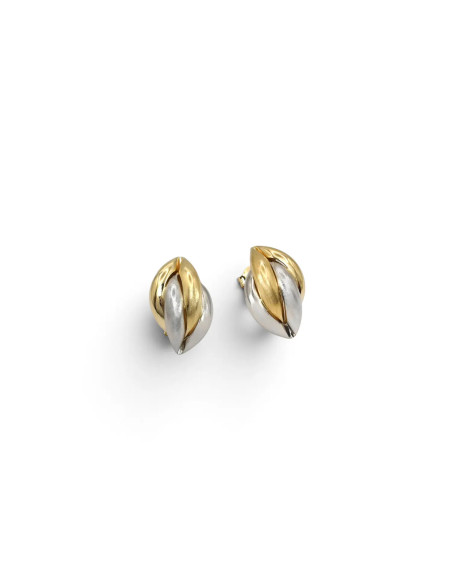 Orecchini a Lobo Oro Giallo e Bianco 18kt Foglia Bicolore Satinata 2 cm - 3,9 gr