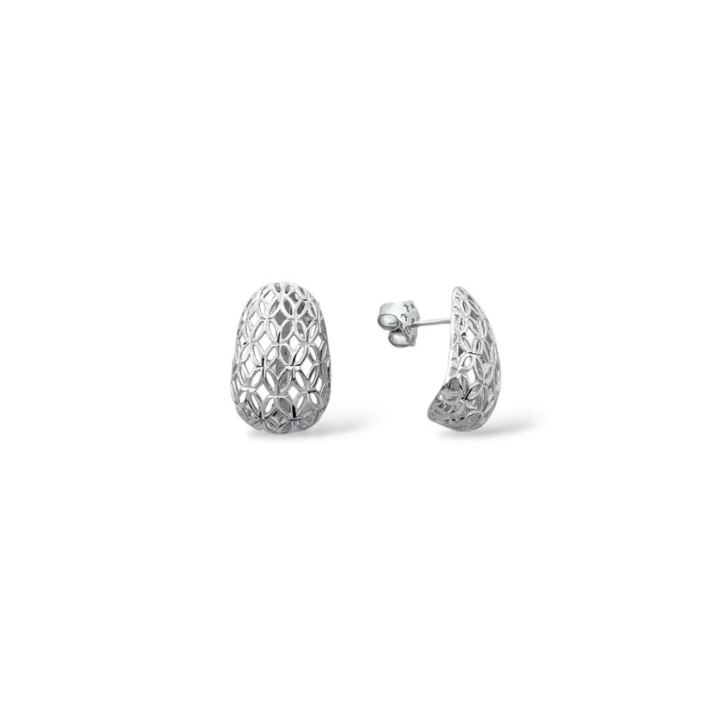 18kt White Gold Stud Earrings – Domed Openwork Floral Band, 2 cm – 4.6 g