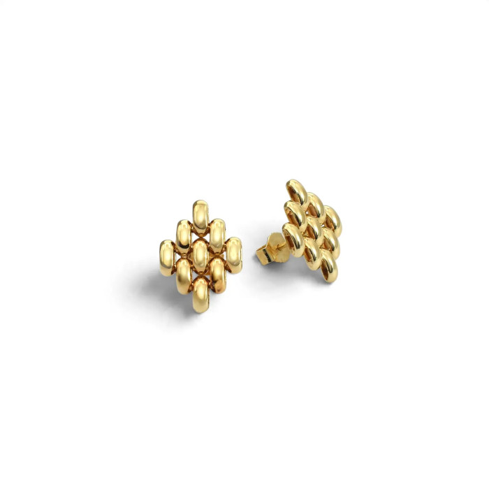 Pendientes de botón en oro amarillo de 18 quilates – Diseño de eslabones tubulares pulidos con diamantes – 2 cm – 4 g
