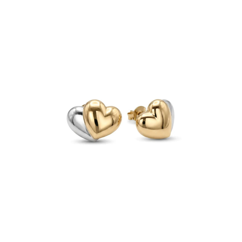 18kt Yellow and White Gold Stud Earrings, Double Domed Heart, 2 cm - 3.9 g