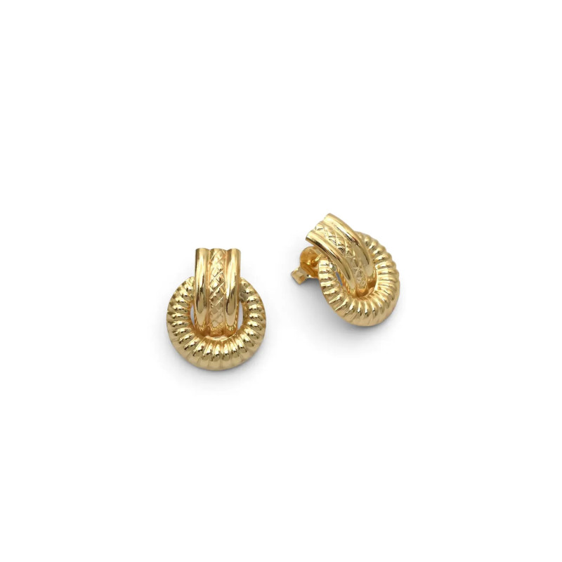18kt Yellow Gold Stud Earrings – Grooved Circular Element with Knurled Band (2 cm – 2 g)