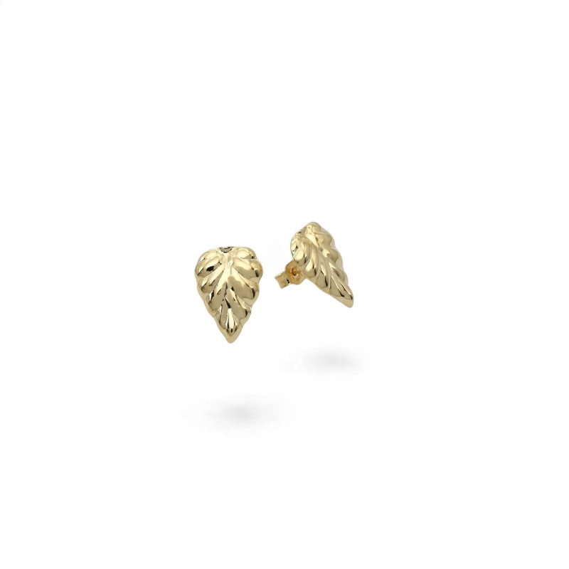 18kt Yellow Gold Stud Earrings – Polished, Carved, Domed Leaf Design (1.5 cm – 2.1 g)