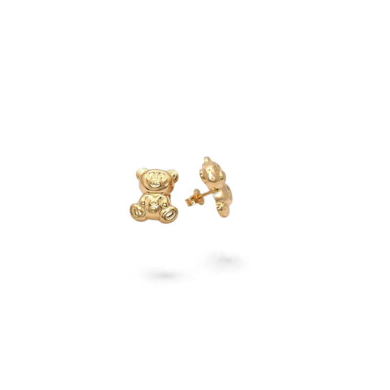 Pendientes de botón de oro amarillo de 18 quilates con un osito de peluche abovedado pulido, 1,5 cm - 1,8 g