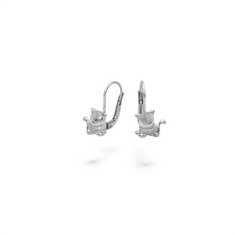 Orecchini Monachella Oro Bianco 18kt Gattino Lucido e Diamantato 2 cm - 2,5 gr