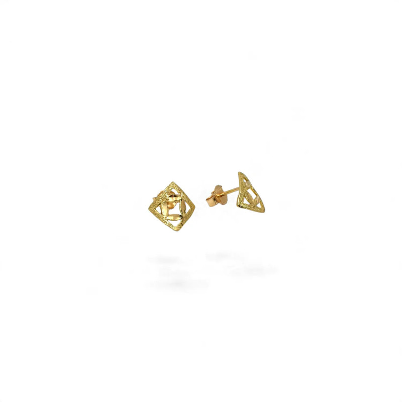 18kt Yellow Gold Stud Earrings, Openwork Rhombus Design, Diamond-Cut and Polished, 1 cm - 1.7 g