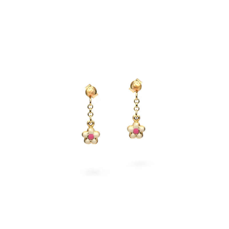 18kt Yellow Gold Dangle Earrings with Small White and Pink Enamelled Flowers, 2 cm - 1.1 g