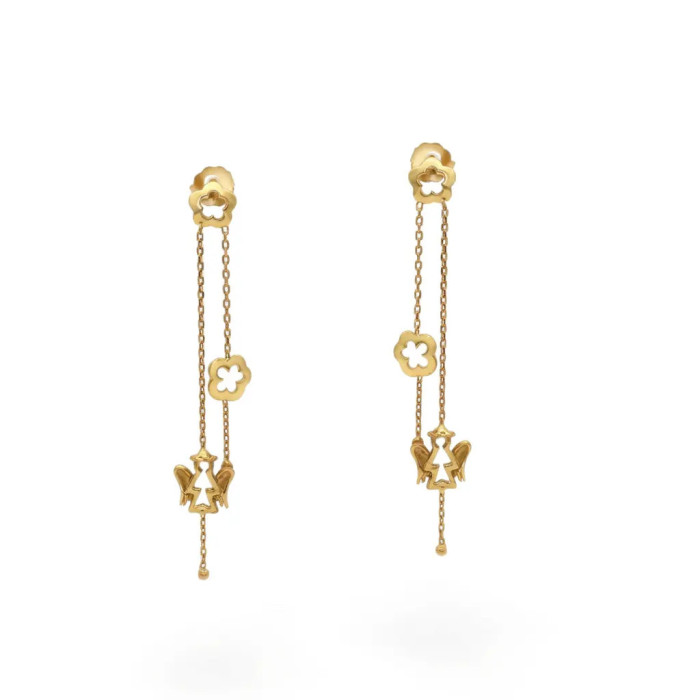 Pendientes colgantes de flor y ángel de oro amarillo de 18 quilates con doble cadena, pulidos, 5 cm - 3 g