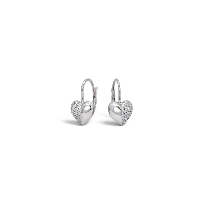 18kt White Gold Hook-Style Earrings, Domed Heart with Pavé Zirconia, 2.5 cm - 3.2 g