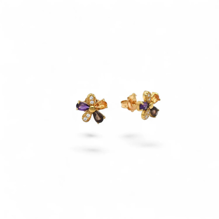 Ohrstecker aus 18-karätigem Gelbgold, Blumenmotiv mit bunten Steinen, 1 cm – 2,8 g