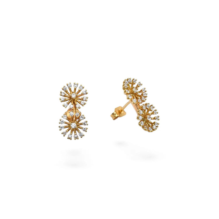 Orecchini a Lobo Oro Giallo 18kt Doppio Fiore Raggiera con Zirconi Bianchi 2 cm - 5,4 gr
