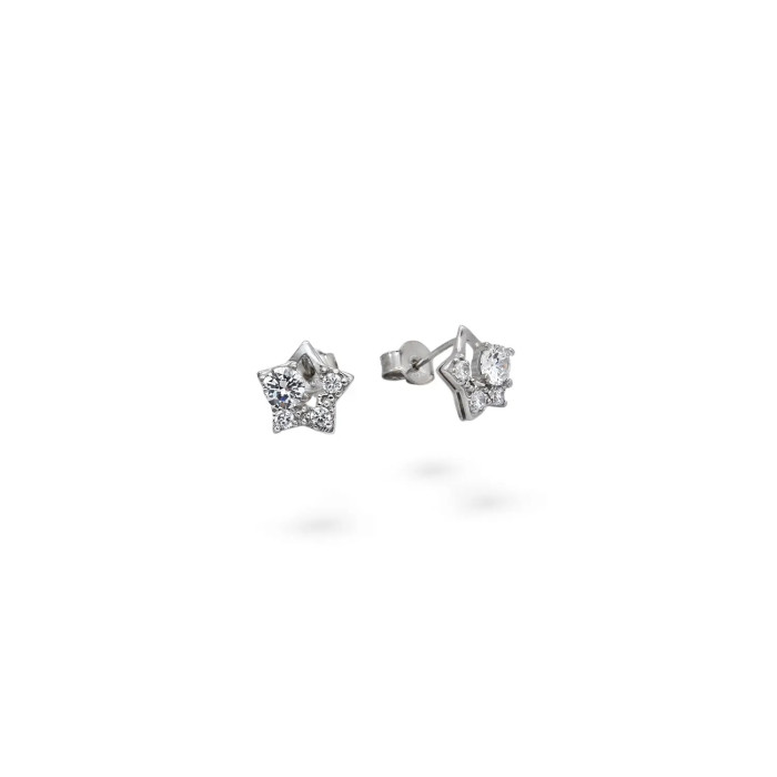 18kt White Gold Star Stud Earrings with White Zirconia, 1 cm - 1.9 g