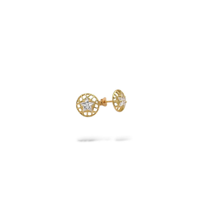 Orecchini a Lobo Oro Giallo 18kt Rosetta Traforata con Zircone Stella 1 cm - 2,1 gr