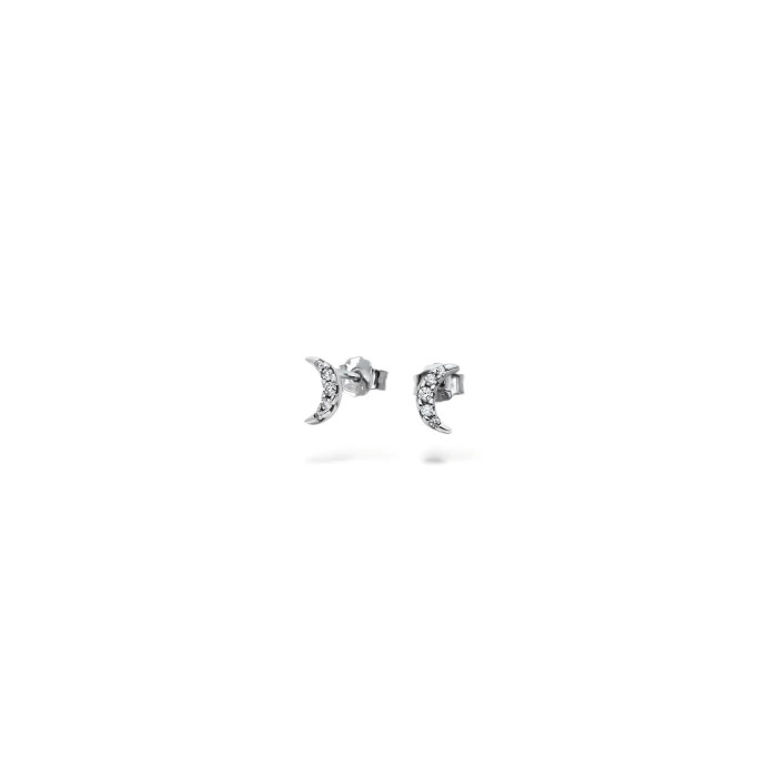 18kt White Gold Half-Moon Stud Earrings with White Zirconia – 0.7 cm – 0.90 g