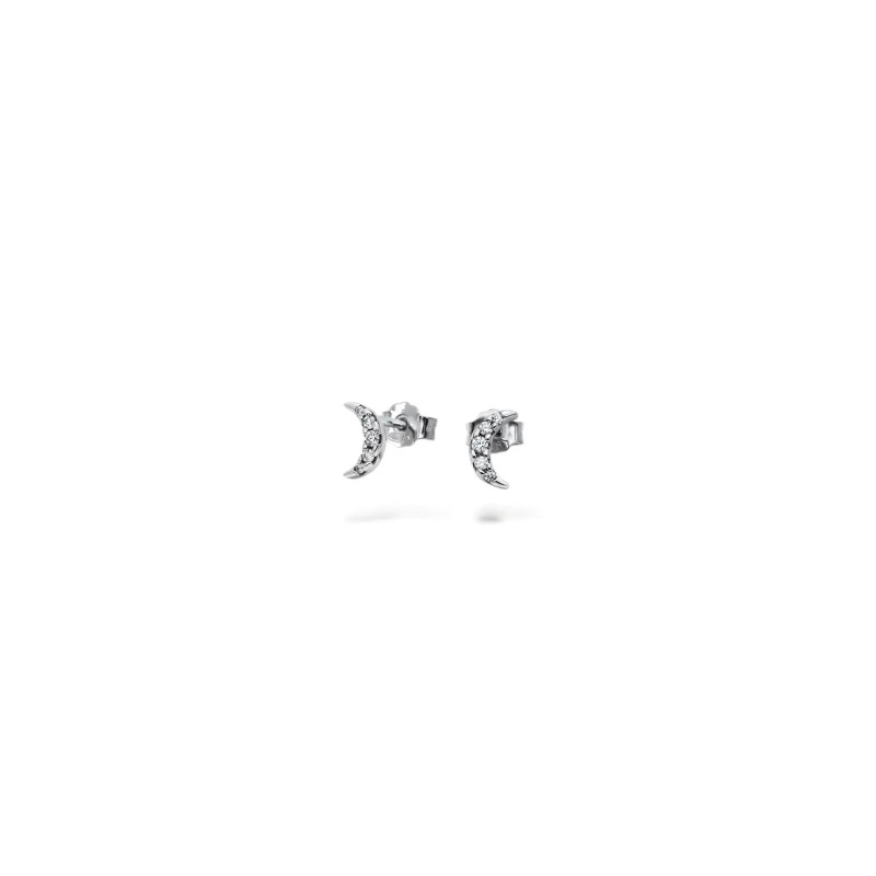 18kt White Gold Half-Moon Stud Earrings with White Zirconia – 0.7 cm – 0.90 g