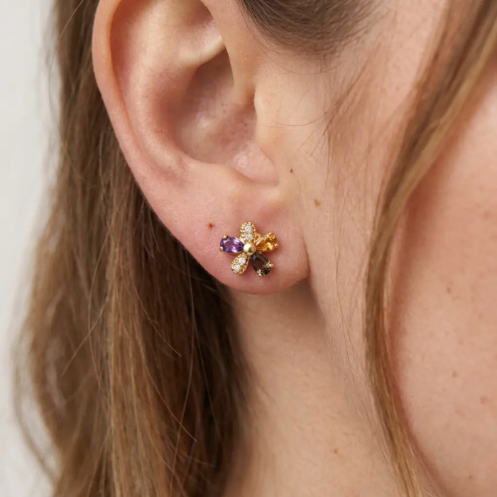 Orecchini a Lobo Oro Giallo 18kt Fiore con pietre multicolor 1 cm - 2,8 gr 2
