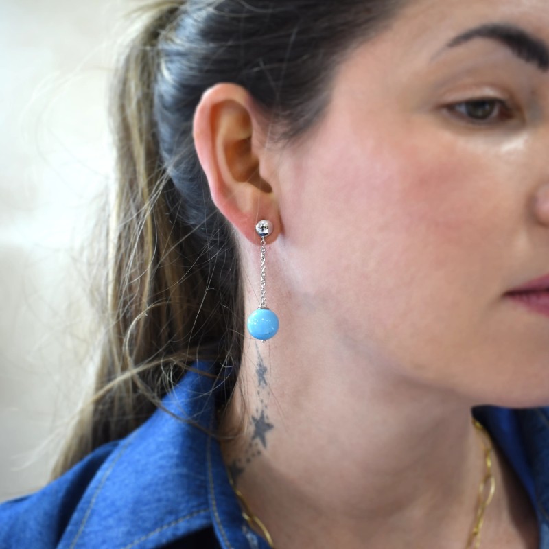 Orecchini Pendenti Turchese Sferico e Oro Bianco 18kt
