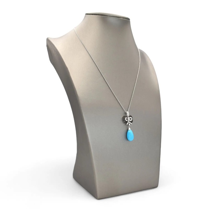 Pendente Oro Bianco 18kt, Diamanti Bianchi e Neri con Turchese Naturale