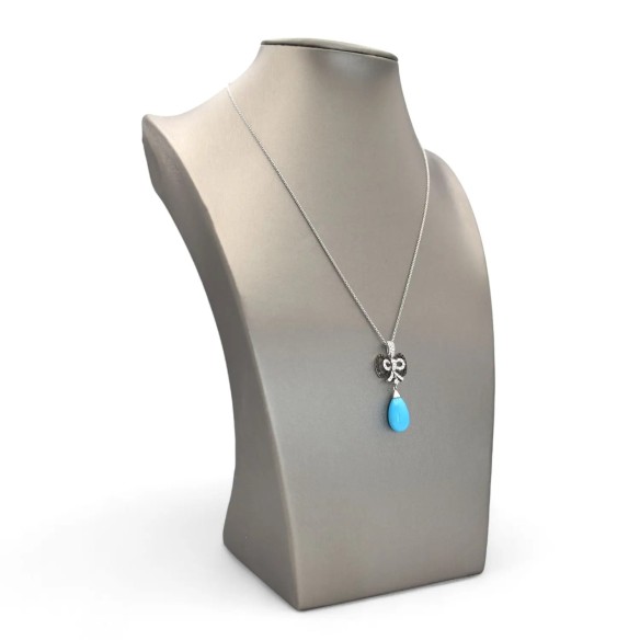 Pendente Oro Bianco 18kt, Diamanti Bianchi e Neri con Turchese Naturale
